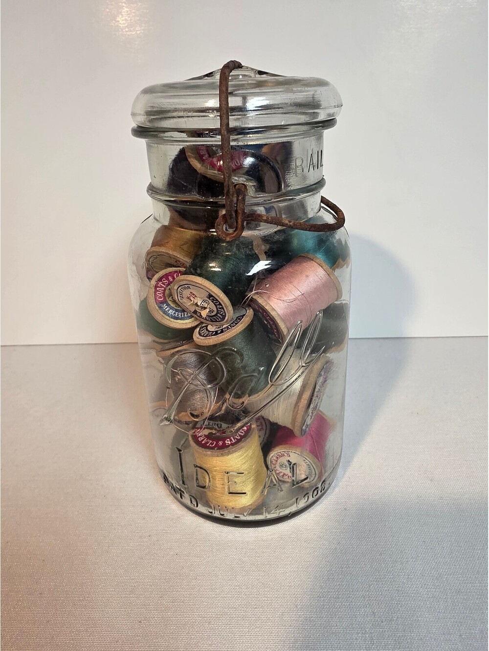 Antique Ball Jar with Vintage Coats & Clark's Wooden Spools of Thread
